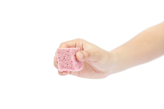 Woman's hand holding steamed cake on white background
