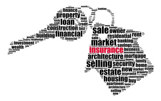 Insurance word cloud concept on key and house shape