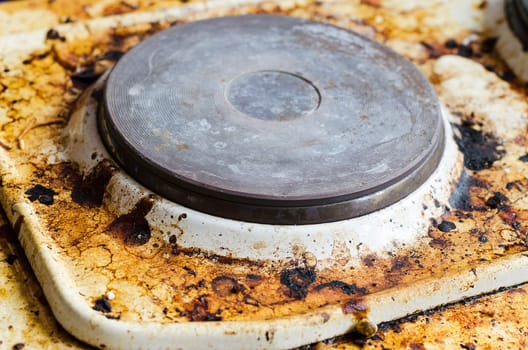 Very dirty hot plate in the kitchen