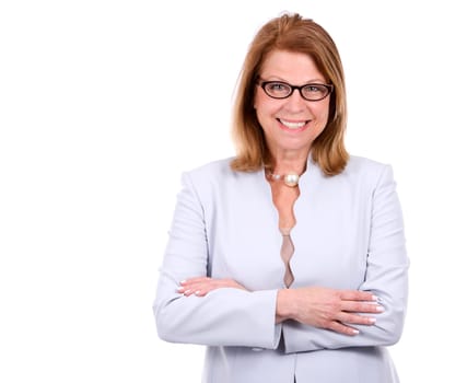middle aged caucasian woman wearing business on white background