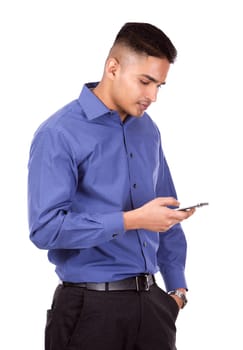 young business man using cellphone on white isolated background