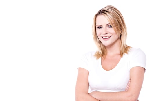 Woman isolated on copy space with crossed arms