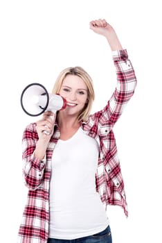 Stylish young woman announcing with raised arm