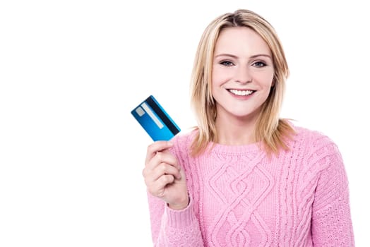 Pretty woman showing the cash card over white