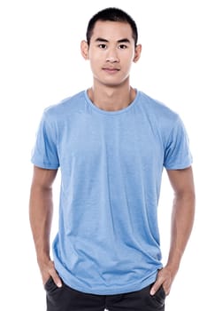 Handsome man isolated on white with hands in pockets