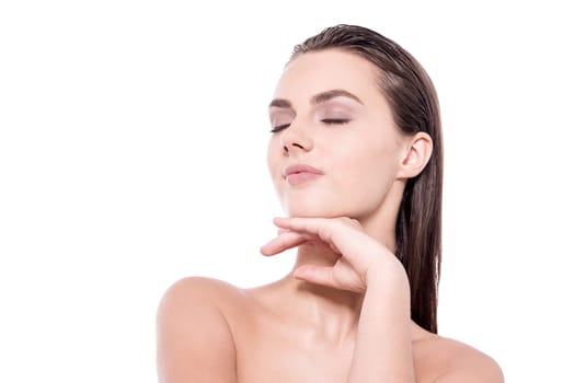 Woman dreaming with closed eyes over white