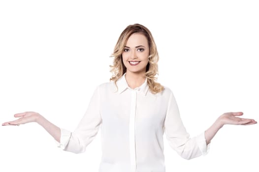 Pretty lady posing with open hands