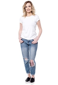 Urban white woman in casuals over white