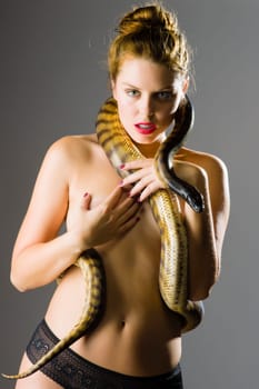 Beautiful brunette young woman with a snake (python) has swung around her neck. Looking at camera.