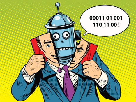 Robot instead of a person pop art retro style. Software and computer technology. Man and machine