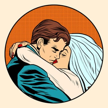 Kissing bride and groom wedding pop art retro style. Postcard invitation. Retro love of a man and a woman.