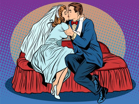 First kiss wedding night, the bride and groom pop art retro style. Steam and romance. Sex. Couple in love