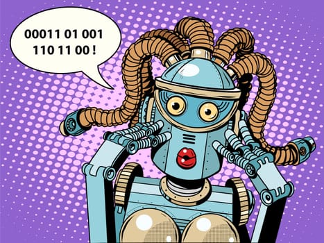 woman robot surprised pop art retro style. Digital language. Artificial intelligence. Humanoid Android