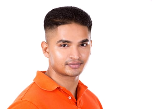 young casual man wearing orange tshirt on white isolated background