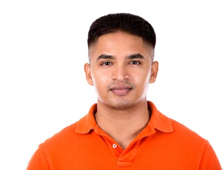 young casual man wearing orange tshirt on white isolated background