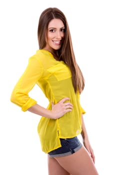 young woman wearing yellow shirt on white background