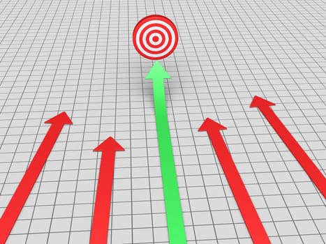 Arrows are on the ground but one is rising and pointing at a target