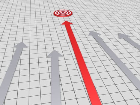 Arrows are on the ground but one is of different color and pointing at a target