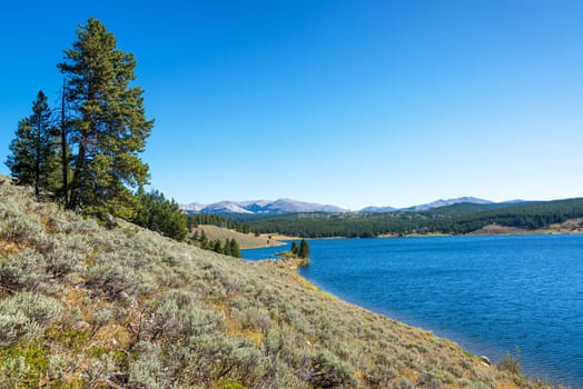 View of the shore of Meadowlark Lake in Bighorn National Forest in Wyoming