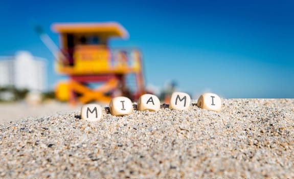 Maimi Southbeach, lifeguard house with letters on the sand, Florida, USA