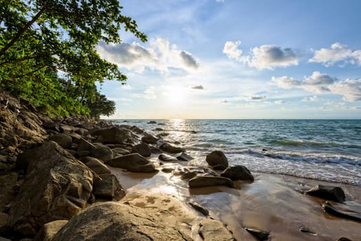 Beautiful landscape of sky and clouds above the sea during sunset at Khao Lak Beach in Khao Lak-Lam Ru National Park, Takuapa, Phang Nga province, Thailand