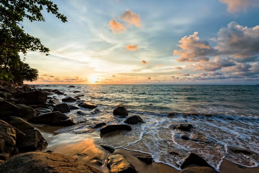 Beautiful landscape of sky and clouds above the sea during sunset at Khao Lak Beach in Khao Lak-Lam Ru National Park, Takuapa, Phang Nga province, Thailand