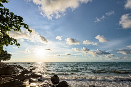 Beautiful landscape of sky and clouds above the sea during sunset at Khao Lak Beach in Khao Lak-Lam Ru National Park, Takuapa, Phang Nga province, Thailand