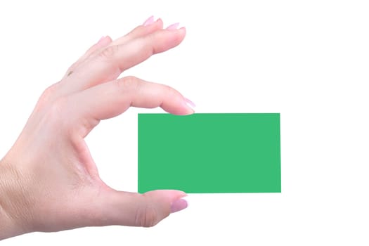 Green bussiness card in women hand isolated on a white background