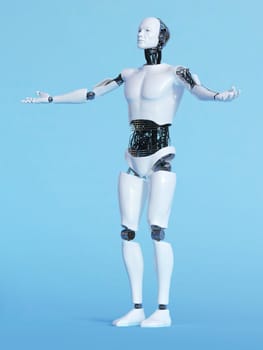A male robot with his arms outstretched in a welcoming pose, image 2. Blue background.