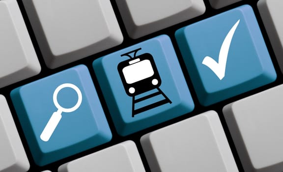 Icons on blue computer keyboard: Search for tram or train