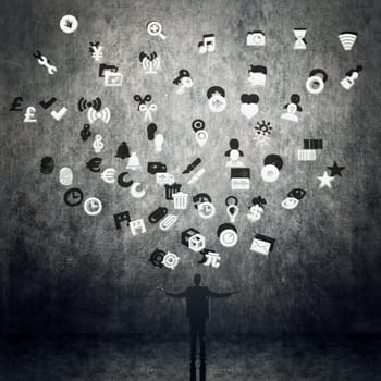 Man with signs, concept of web, internet, technology.