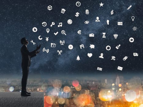Man with signs, concept of web, internet, technology.