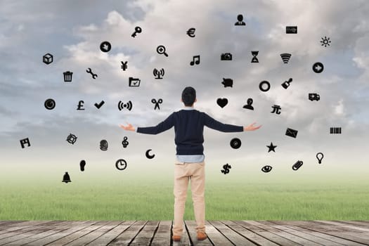 Man with signs, concept of web, internet, technology.