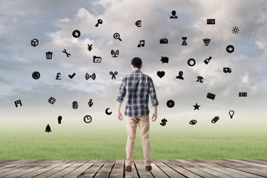 Man with signs, concept of web, internet, technology.