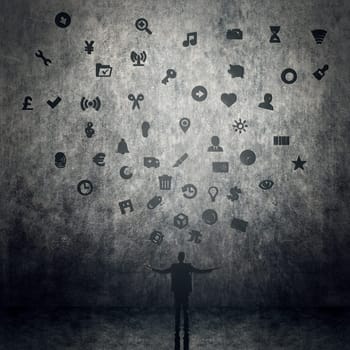 Man with signs, concept of web, internet, technology.
