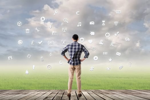 Man with signs, concept of web, internet, technology.