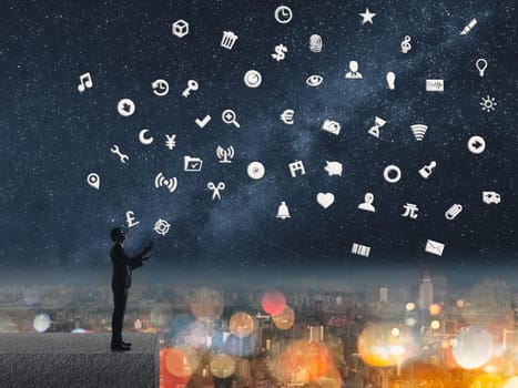 Man with signs, concept of web, internet, technology.