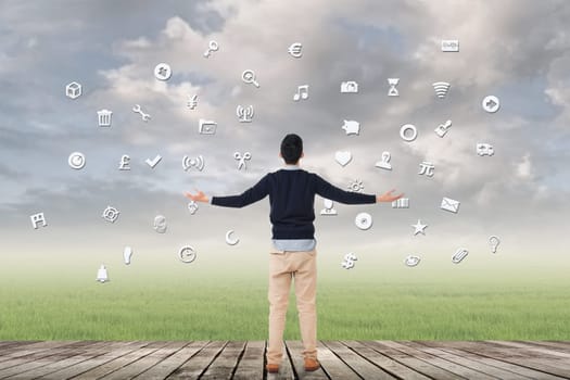 Man with signs, concept of web, internet, technology.