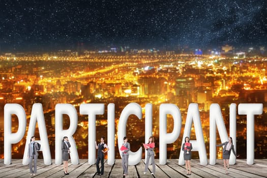 Concept of partner, friends,collaborate with group of business people stand with 3d text.