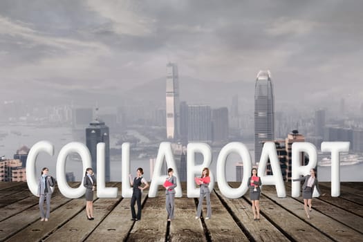 Concept of partner, friends,collaborate with group of business people stand with 3d text.