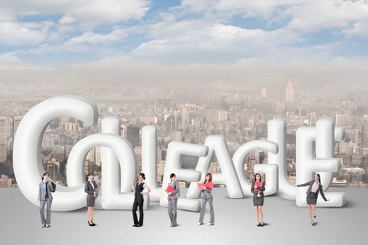Concept of partner, friends,collaborate with group of business people stand with 3d text.