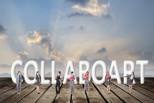 Concept of partner, friends,collaborate with group of business people stand with 3d text.