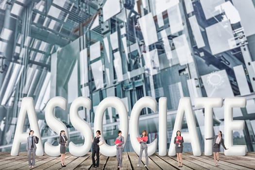 Concept of partner, friends,collaborate with group of business people stand with 3d text.
