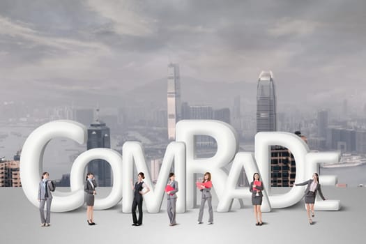 Concept of partner, friends,collaborate with group of business people stand with 3d text.