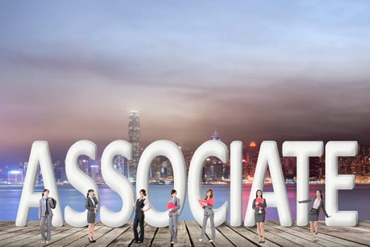 Concept of partner, friends,collaborate with group of business people stand with 3d text.