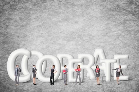 Concept of partner, friends,collaborate with group of business people stand with 3d text.