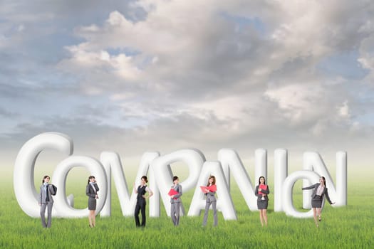 Concept of partner, friends,collaborate with group of business people stand with 3d text.