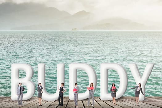 Concept of partner, friends,collaborate with group of business people stand with 3d text.