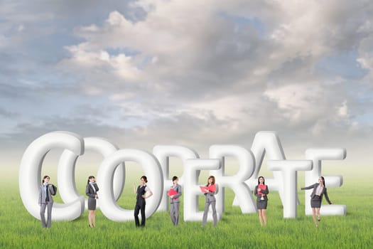 Concept of partner, friends,collaborate with group of business people stand with 3d text.