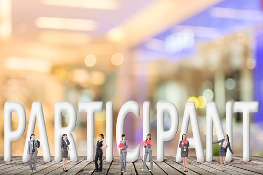 Concept of partner, friends,collaborate with group of business people stand with 3d text.